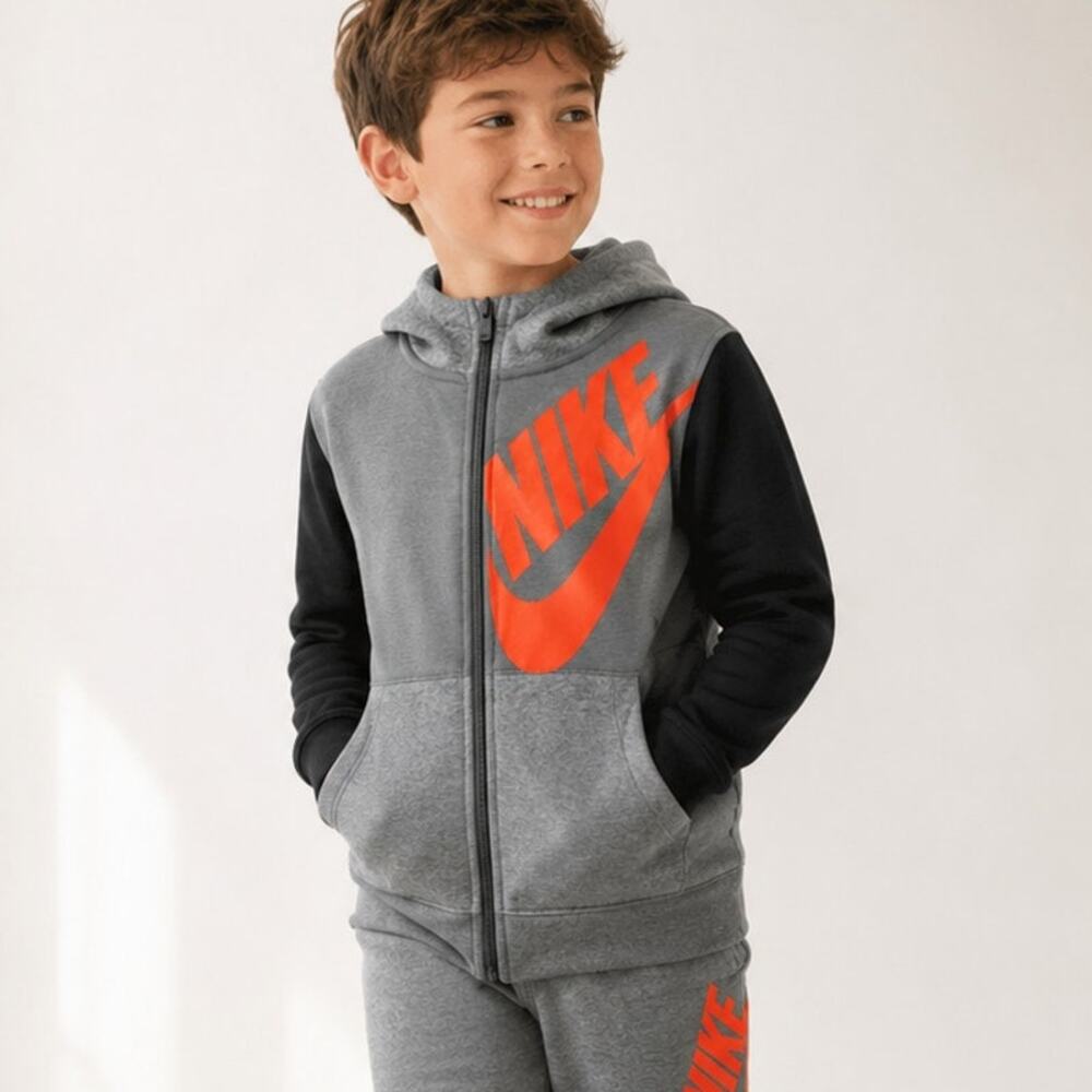 Nike Sportswear Boys Gray Black Orange Fleece Full Zip Hoodie Large NWT Sportif